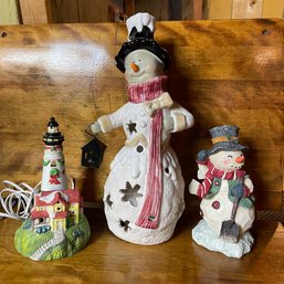 Holiday Decor - Snowmen Figure, Candle Holder,  And Lighthouse (Basement 2)