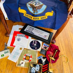 Mixed Lot Of Navy Memorabelia With Pins, Patch, Flag & More (lR In Cabinet Bottom Shelf)