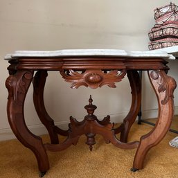 Vintage Marble Top Coffee Table, Decorative Wood Base, Rolling Caster Wheels (LRoom)