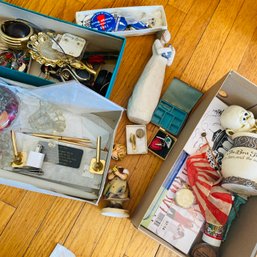 Mixed Lot Of Costume Jewelry, Watch, Willow Tree Figure, Gold Pen Stand (LR In 3 Boxes)