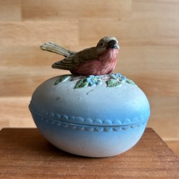 Vintage Bisque Porcelain Red Robin Bird Trinket Box (Lroom)