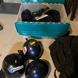 Bin Of Winter Gear: Ski/Snowboard Helmets, Gloves, Etc (Basement)