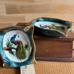 Pair Of Vintage Painted Gold Rimmed Peacock Mini Dishes (Lroom)