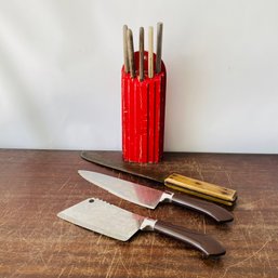 Vintage Red Wooden Wall Knife Holder And Assorted Knives (Loc: B6)