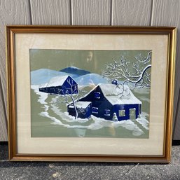 Beautiful Vintage Framed Art, Snowy Blue Cabin With Mountain (KG)