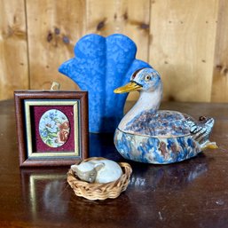 Vintage Lot: Szeiler Mini Pottery Dog, Mini Vitreous Enamel Art, Ceramic Duck Vessel, Blue Vase (MB5)(GarUP)