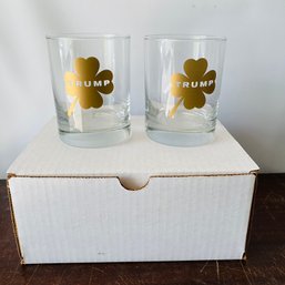 Pair Of Gold Clover Trump Old Fashion-Style Drinking Glasses (Loc: B2)