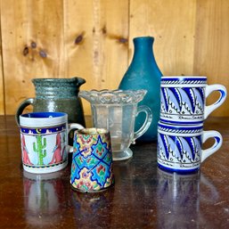 Mixed Lot Of Vintage Cups And Vases: Sambuca Cups, Enamel Mini Cup, Stoneware Jug, Blue Frosted Vase (RL)