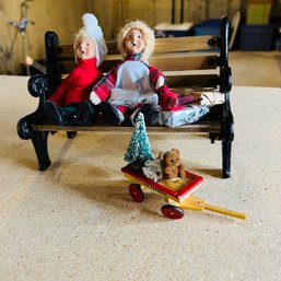 Pair Of Byers's Choice Figures On A Bench With Holiday Accessories (Basement)