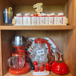 Vintage Kitchen Items: Red JUICE KING Juicer, Spice Holder, Misc Items (two Shelves) (Kitchen)