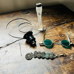 Antique And Vintage Pieces: Green Glasses, Candle Snuffer, Jewelry Piece, Etc.