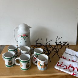 Holiday Mugs, Coffee Pot And Reindeer Napkin Rings (NK)