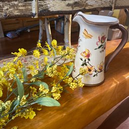 Pretty Floral & Butterfly Painted Fantasia Pitcher & Faux Yellow Flowers (GR)