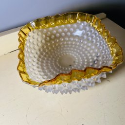 Vintage Frosted Glass Hobnail Bowl With Colored Rim (DR)