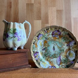 Vintage Purple Floral Pitcher And Gold Leaf Plate (Lroom)