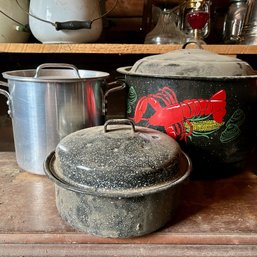 Mixed Lot Of Three Vintage Lidded Pots, Lobster Pot, Enamel Pot, Stainless Steel Pot (zone 5)