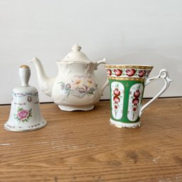 LEFTON Porcelain Bell, Plus Tall Porcelain Mug & Floral Teapot (Shelf) MB2