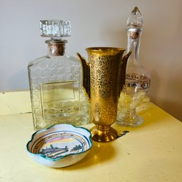 Vintage And Antique Glass Decanters, Vase And Pottery Dish (DR)
