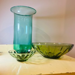 Tall Blown Glass Vase And Pair Of MCM Green Glass Bowls (DR)
