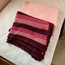 Vintage Pink Afghan And Wool Blankets (Bedroom 1)