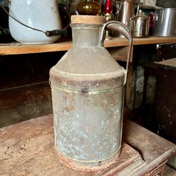 Vintage Rustic Decorative Metal Farmhouse Jug, FW Piper, Lovely Aged Rusted Patina And Wooden Stopper (zone 5)