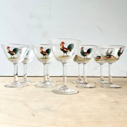 Set Of Nine Vintage Painted Rooster Cocktail Glasses  - Two Designs (DC)