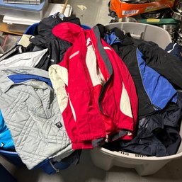 Men's And Boys Lot Of Mostly Brand Name Colder Weather Clothes, Coats, Jackets Boots Etc. (Right Side BSMT)