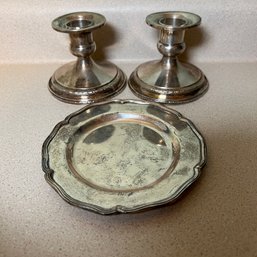 Pair Of Weighted Sterling Silver Candlestick Holders And Small Dish (kitchen)