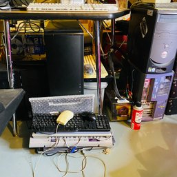 Large Assorted PC Tower Lot And Laminate Wood And Metal Desk (Basement Left)