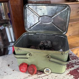 Cute Vintage Light Green Metal Box With Assorted Items Inside, Including MobilGas Caps & More (LR)