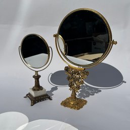 Pair Of 2 Vintage Gold Tone Tabletop Vanity Mirrors (LH)