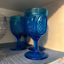 Misc Vintage Glassware: Blue Goblets, Ship Tumblers, Frosted State Glasses, Etc (Kitchen Cab)