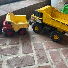 Let's Play! 2 Toy Dump Trucks - 1 Plastic & 1 Classic Yellow Metal Tonka Truck (Porch)