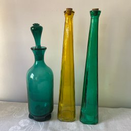 Green Blown Glass Decanter And Tall Bottles (BR 1)