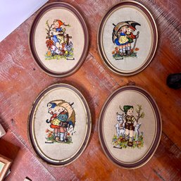 Four Vintage Oval Embroidered Hummel Wall Art Pieces (46118)