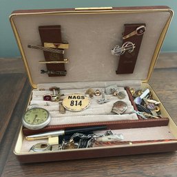 Vintage Mens Jewelry Lot: Cuff Links, Tie Clips, Pocket Watch, Etc, In Lovely Vintage Case (KM)