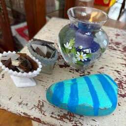 Sea Glass In Vintage Dishes, Vase, And Painted Rock (LR)