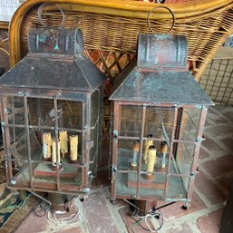 Pair Of Metal & Glass Electric Lanterns See Notes (Porch)