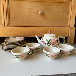 Pretty Pink Floral Vintage Franciscan Hand Decorated Teapot, Cups, Saucers, And Plates (RL)