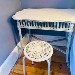 Small White, Possibly Wicker Desk & Metal Stool SEE NOTES  (UP1)
