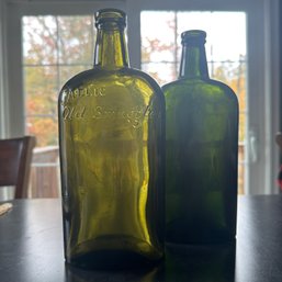 Pair Of Vintage Green Glass Bottles, Incl. WHITE HORSE (HW)