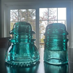 Pair Of Vintage Aqua Glass Insulators (HW)