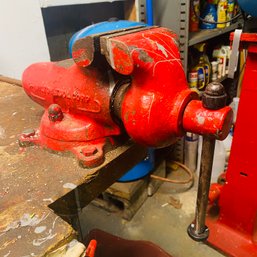 Vintage Red Wilton Tool Bench Vise - Attached To Workbench