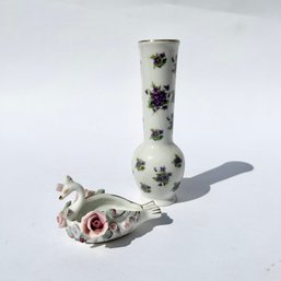 Pair Of Vintage Lefton Bone China Figurines, Bud Vase And Swan Figure (LH)