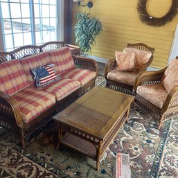 Wow! Gorgeous Brown Wicker 4 Piece Set With Sofa, 2 Armchairs, Accent Pillows & Glass Coffee Table (Porch)