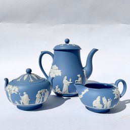 Vintage Wedgwood Jasperware Pale Blue Teapot With Sugar And Creamer (LH)