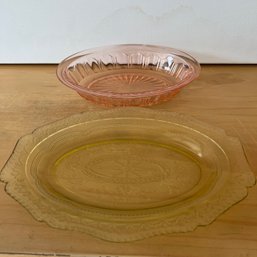 Vintage Pink Depression Glass Bowl And Yellow Platter (NK)