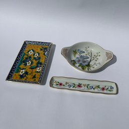 Trio: Spode Stafford Flowers Oven To Table Baker, Handpainted Kutani Takahashi Tray, Limoges France Tray (LH)