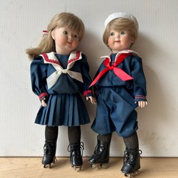 Pair Of Handmade Porcelain Dolls, Roller Skating (DC)