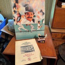 Red Sox Memorabilia: Brian Johnson '86 Poster Mat, Carl Yastrzemski Folder, Box Of Baseball Cards (b1)